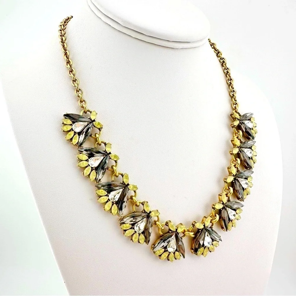 J Crew Necklace in Gray and Yellow Rhinestones and Gold Tone Chain